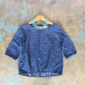 Part 2 by Junko Shimada Denim Floral Top Size M L Embroidered 3/4 Sleeve Japan